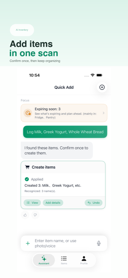 ItemLog photo-assisted pantry inventory entry screenshot